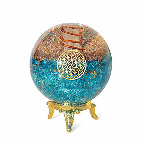 Picture of Orgonite Crystal Blue Aquamarine Crystal Ball with Stand for Positive Energy, EMF Protection and Chakra Balancing -with Flower of Life Symbol to Promote Purpose, Serenity and Courage