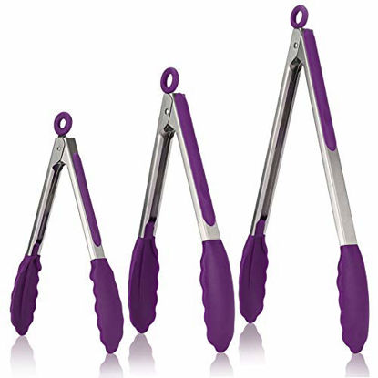 Picture of Kitchen Tongs, U-Taste 7/9/12 inches Cooking Tongs, with 600ºF High Heat-Resistant Non-Stick Silicone Tips&18/8 Stainless Steel Handle, for Food Grill, Salad, BBQ, Frying, Serving, Pack of 3(Purple)