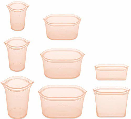Picture of Zip Top Reusable 100% Silicone Food Storage Bags and Containers - Full Set- 3 Cups, 3 Dishes & 2 Bags - Peach