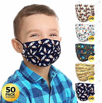 Picture of Kids Face Mask Boys (50 Pack, Individually Wrapped) - 3-Ply Non-Medical Face Masks for Kids, 5 Premium Kids Mask Patterns (Planes, Trains, Rockets, Boats & Trucks), Disposable Kids Face Masks