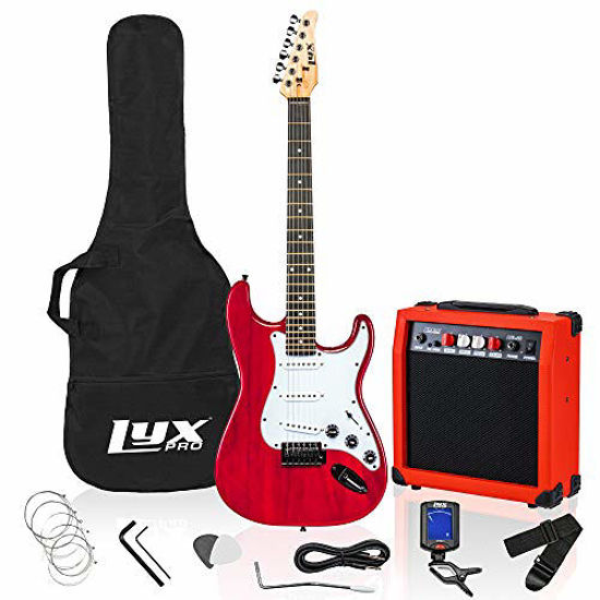 Picture of LyxPro 39 inch Electric Guitar Kit Bundle with 20w Amplifier, All Accessories, Digital Clip On Tuner, Six Strings, Two Picks, Tremolo Bar, Shoulder Strap, Case Bag Starter kit Full Size - Red