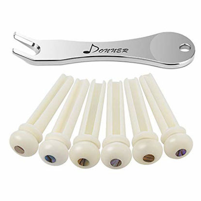 Picture of Donner Acoustic Guitar Bridge Pins, 6PCS White Bone Bridge Pins Inlaid 3mm Abalone Dot with Guitar Pins Puller and Sandpaper