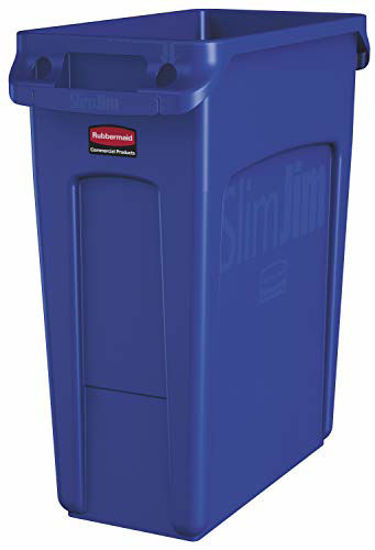 Picture of Rubbermaid Commercial Products Slim Jim Plastic Rectangular Trash/Garbage Can with Venting Channels, 16 Gallon, Blue (1971257)