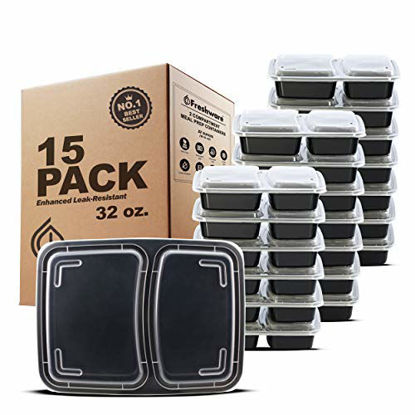 Picture of Freshware Meal Prep Containers [15 Pack] 2 Compartment with Lids, Food Storage Containers, Bento Box, BPA Free, Stackable, Microwave/Dishwasher/Freezer Safe (32 oz)