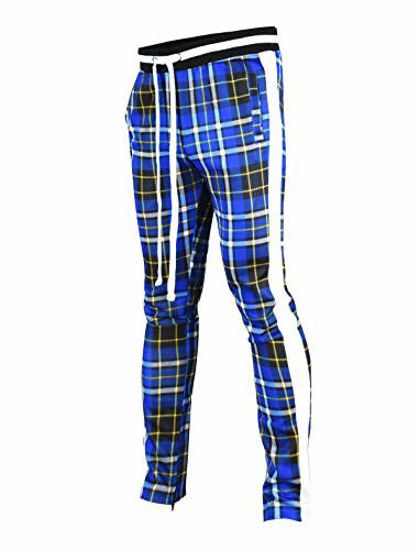 Picture of SCREENSHOTBRAND-P41902 Mens Hip Hop Premium Slim Fit Track Pants - Athletic Jogger Checker Pattern Print Taping Bottoms-Royal-Small