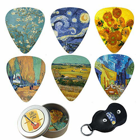 Picture of Guitar Picks - Cheliz 12 Medium Gauge Celluloid Guitar Picks In a Box W/Picks Holder. Unique Guitar Gift For Bass, Electric & Acoustic Guitars (Van Gogh)