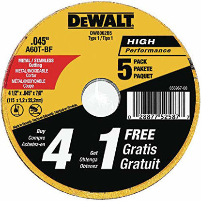 Picture of DEWALT Cutting Wheel, General Purpose Metal Cutting, 4-1/2-Inch, 5-Pack (DW8062B5)