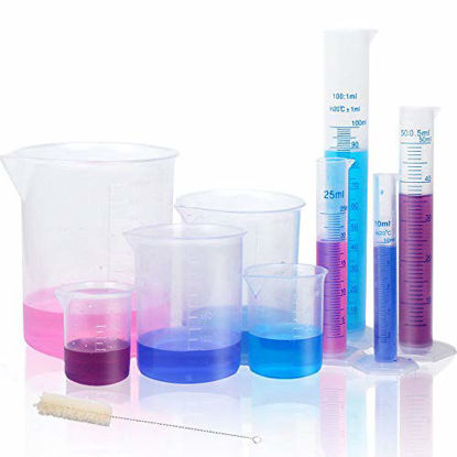 Picture of APLANET Plastic Graduated Cylinders and Beakers, 10ml, 25ml, 50ml, 100ml Cylinders with 50ml, 100ml, 250ml, 500ml, 1000ml Beakers and 1 Tube Brush, Ideal for Home and School Science Lab