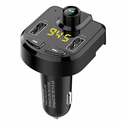 Picture of Bluetooth FM Transmitter for car, Wireless FM Transmitter Radio Receiver Adapter Car Kit,with Dual USB Car Charging Ports,Hands Free Calling,Music Player Support TF/SD Card, USB Disk