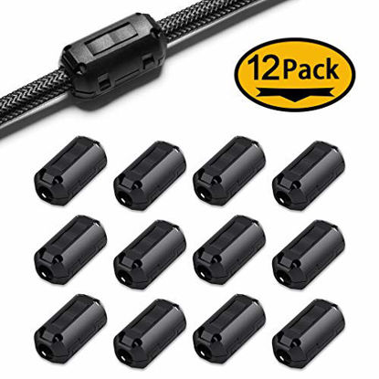 Picture of EMI RFI Noise Filter Cable Ring, Roctee 12 Pcs Ferrite Choke Snap On Noise Suppressor Cable Clip Electronic Ferrites Core for 7MM Diameter Wire (Black)