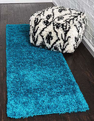 Picture of Unique Loom Solo Solid Shag Collection Modern Plush Turquoise Runner Rug (2' 6 x 19' 8)