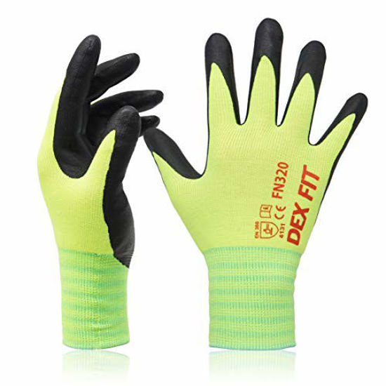 Picture of DEX FIT Neon Green Gardening Gloves FN320, 3D Comfort Stretch Fit, Power Grip, Thin Lightweight, Durable Foam Nitrile Coating, Machine Washable, Large 3 Pairs