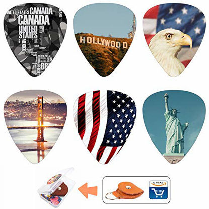 Picture of Unique Guitar Picks 12 Medium Gauge Pack with Picks Holder and Plastic Picks Box, SUNLP American Style Themed Guitar Cool Picks for Bass Electric Guitar Acoustic Guitar Lovers guitarists gift