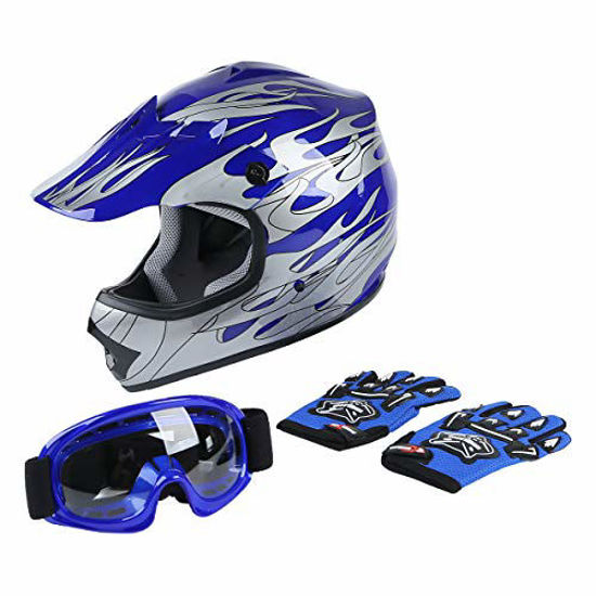 Picture of XFMT Youth Kids Motocross Offroad Street Dirt Bike Helmet Goggles Gloves Atv Mx Helmet Blue Flame M