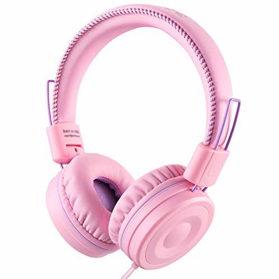 Picture of POWMEE M1 Kids Headphones Wired Headphone for Kids,Foldable Adjustable Stereo Tangle-Free,3.5MM Jack Wire Cord On-Ear Headphone for Children (Pink)