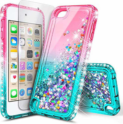 Picture of iPod Touch 7 Case, iPod Touch 5/6 Case with Screen Protector, E-Began Glitter Liquid Floating Gradient Quicksand Bling Diamond, Durable Girls Cute Case for iPod Touch 7th/6th/5th Generation Pink/Aqua