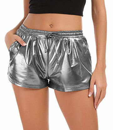 Picture of Tandisk Women's Yoga Hot Shorts Shiny Metallic Pants with Elastic Drawstring (Silver Grey, L)