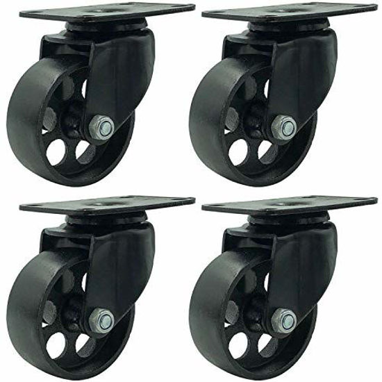 Picture of FactorDuty 4 All Black Metal Swivel Plate Caster Wheels Heavy Duty High-Gauge Steel (3" No Brake)