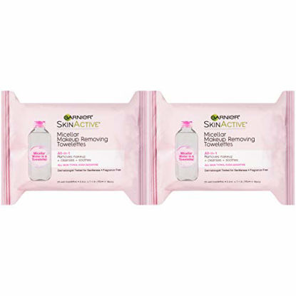 Picture of Makeup Remover Micellar Cleansing Wipes, Gentle for all Skin Types by Garnier SkinActive, 25 Count, 2 Pack