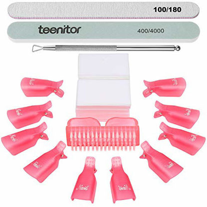 Picture of Teenitor Nail Gel Remover Tools Kit with Pink Polish Remover Clips, Cuticle Peeler Scraper, Gel Nail Brush, 115 Pack Nail Wipe Cotton Pads, Nail File Grits 120/180 Buffer Block Grits 400/4000