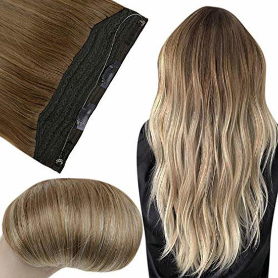 Picture of Fshine Halo Hair Extensions 16 Inch Real Hair Color 10 Fading to 14 Hidden Crown Hair Extensions Straight Hair 80 Gram