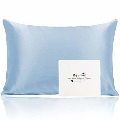 Picture of Ravmix Both Sides 100% Pure Silk Pillowcase Queen Size for Hair and Skin with Hidden Zipper 21 Momme 600TC Hypoallergenic Soft Breathable Silk Pillow Cover, 20×30inches, 1pcs, Light Blue
