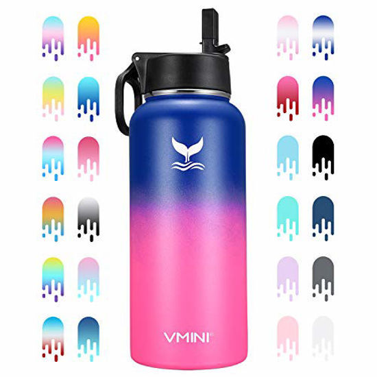 Picture of Vmini Water Bottle with New Wide Handle Straw Lid, Wide Mouth Vacuum Insulated 18/8 Stainless Steel, 32 oz, Gradient Blue + Fushcia