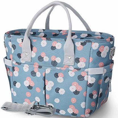 Picture of KIPBELIF Insulated Lunch Bags for Women - Large Tote Adult Lunch Box for Women with Shoulder Strap, Side Pockets and Water Bottle Holder, Light Blue Plum, Normal Size