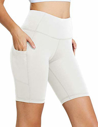 Picture of BALEAF Women's 8" High Waist Biker Workout Yoga Running Compression Exercise Shorts Side Pockets White XS