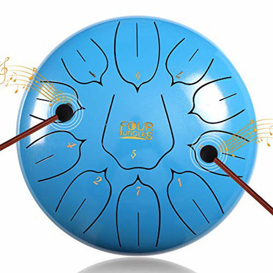 Picture of FOUR UNCLES Steel Tongue Drum, Percussion Instrument Handpan Drum C/D Key with Bag, Music Book and Mallets for Meditation Entertainment Musical Education Concert Yoga (10 inch, Blue)