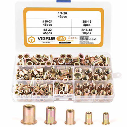 Picture of VIGRUE 150pcs #8-32#10-24 1/4"-20 5/16"-18 3/8"-16 Carbon Steel UNC Rivet Nuts Rivnut Assortment Kit, Yellow Zinc Plated Finish, Flat Head Threaded Insert Nutserts Assort