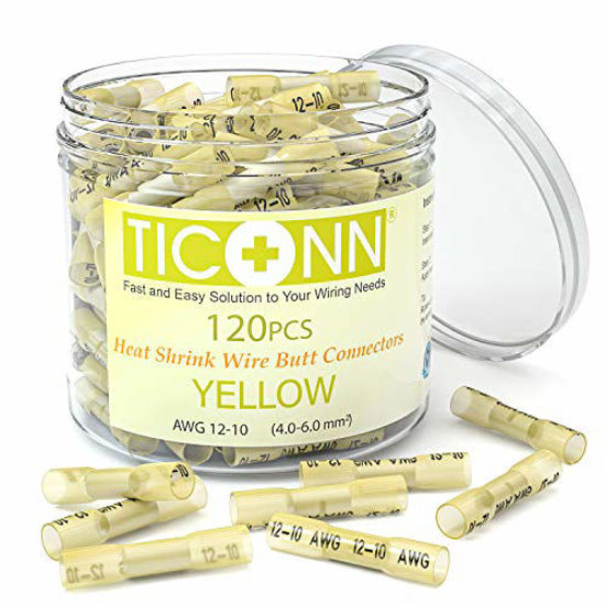 Picture of TICONN 120PCS AWG 12-10 Heat Shrink Butt Connectors, Insulated Waterproof Electrical Marine Automotive Wire Crimp Terminals, Butt Splice (Yellow120PCS)