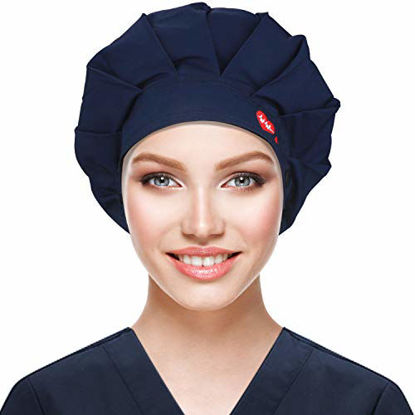 Picture of ABAMERICA Bouffant Caps with Button and Sweatband,Adjustable Working Hats for Women Men,One Size Fits All (New Navy with Embroidery)
