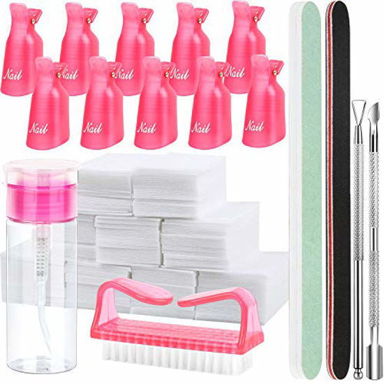 Picture of FANDAMEI Nail Polish Gel Remover Tools Kit with Nail Clips, 100ml Nail Polish Remover Bottle, 500 Nail Remover Cotton Pad, Nail Brush, Cuticle Pusher, Cuticle Peeler, 100/180 Nail File, Buffer Block