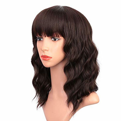 Picture of ENTRANCED STYLES Short Dark Brown Wigs for Women Wavy Bob Wig with Bangs Women's Shoulder Length Synthetic Curly Pastel Bob Wig for Girl Colorful Cosplay Wigs