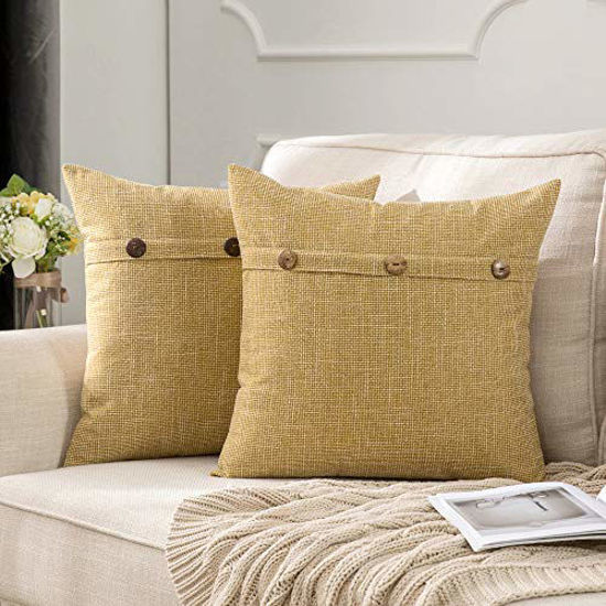 Picture of MIULEE Set of 2 Decorative Linen Throw Pillow Covers Cushion Case Triple Button Vintage Farmhouse Pillowcase for Couch Sofa Bed 20 x 20 Inch Yellow