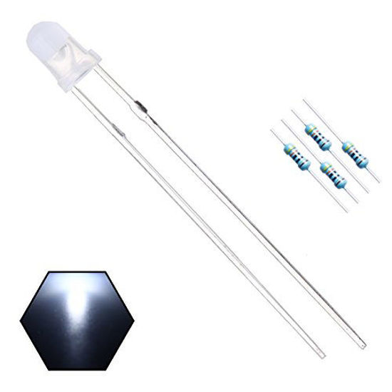 Picture of EDGELEC 100pcs 3mm White Lights LED Diodes (White Lens) Diffused Round Lens 29mm Long Lead (DC 3V) +100pcs Resistors (for DC 6-12V) Included,Bulb Lamps Light Emitting Diode