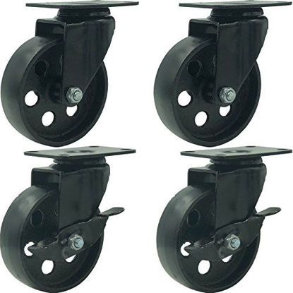 Picture of FactorDuty 4 All Black Metal Swivel Plate Caster Wheels w/Brake Lock Heavy Duty High-Gauge Steel (4" Combo)