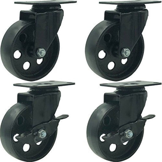 Picture of FactorDuty 4 All Black Metal Swivel Plate Caster Wheels w/Brake Lock Heavy Duty High-Gauge Steel (4" Combo)