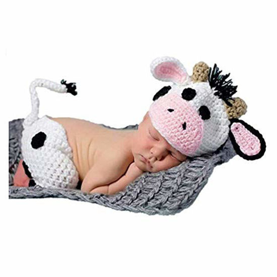 Picture of Newborn Baby Photo Prop Boy Girl Photo Shoot Outfits Crochet Knitted Clothes Cows Hat Shorts Set Photography Shoot