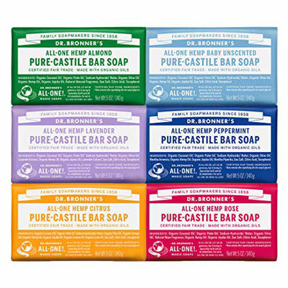 Picture of Dr. Bronner's - Pure-Castile Bar Soap (5 Ounce Variety Gift Pack) Almond, Unscented, Lavender, Peppermint, Citrus, Rose - Made with Organic Oils, For Face, Body and Hair, Gentle and Moisturizing