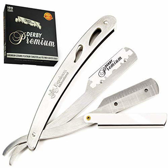 Picture of Equinox Professional Steel Straight Edge Razor with 100 Single Edge Derby Premium Blades by Equinox International - Great for Barbers, Salons, and Hair Enthusiasts