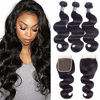 Picture of Amella Hair 100% Unprocessed Brazilian Body Wave Bundles with Closure (16 18 20 +14Closure, Natural Black) Virgin Brazilian Hair Bundles Weave with Lace Closure Free Part