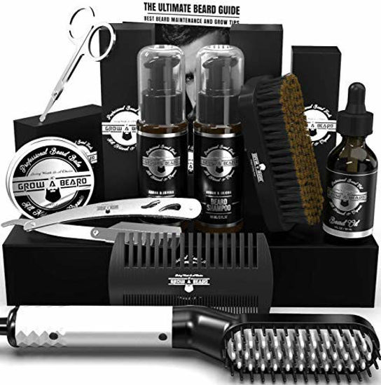 Picture of Beard Straightener Grooming Kit for Men, Beard Brush, Double Side Comb, Unscented Growth Oil, All Natural Chanel Balm, Shampoo, Conditioner, Razor & Scissors, Perfect Gifts for Dad & Husband