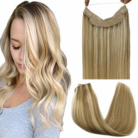 Picture of GOO GOO Halo Hair Extensions Human Hair Ombre Light Blonde Highlighted Golden Blonde 12 Inch 70g Remy Hair Extensions Hidden Crown Wire Hair Extensions Invisible Hairpieces Secret Fish Extensions