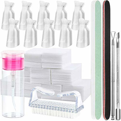 Picture of FANDAMEI Nail Polish Gel Remover Tools Kit, 10 Pcs Clear Nail Clips, 100ml Nail Polish Remover Bottle, 500 Pcs Remover Cotton Pad, Nail Brush, Cuticle Pusher, Cuticle Peeler, Nail File, Buffer Block