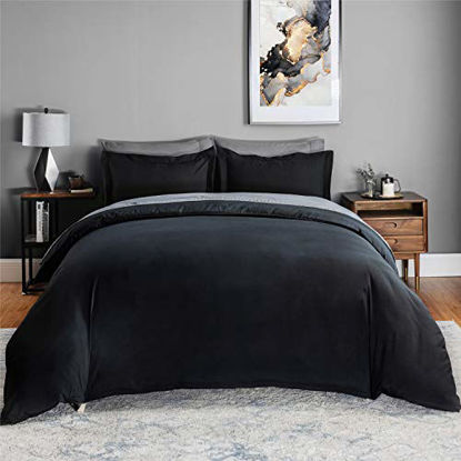 Picture of Bedsure Black Duvet Cover Queen Size Set Zipper Closure Ultra Soft Hypoallergenic Microfiber Comforter Cover Bedding Sets (1 Duvet Cover + 2 Pillow Shams) Full/Queen 90x90 inches, Black