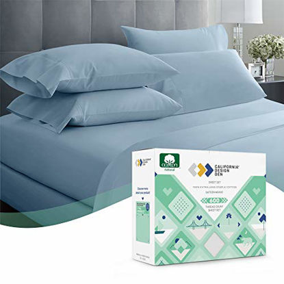 Picture of Queen Size Bed Sheets - 600 Thread Count Extra Long Staple Cotton Dusty Blue Sheet Set, Deep Pocket fits Mattress 16'', Soft & Sateen Weave 4 Piece Bedding Set