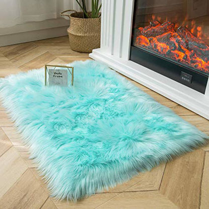 Picture of Ashler Soft Faux Sheepskin Fur Chair Couch Cover Area Rug for Bedroom Floor Sofa Living Room Turquoise Rectangle 2 x 3 Feet