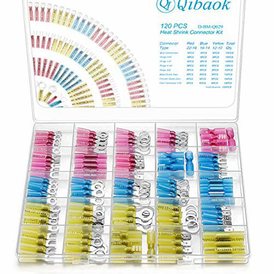 Picture of 120 PCS Heat Shrink Wire Connectors Qibaok Insulated Electrical Terminals Kit Waterproof Marine Crimp Connector Assortment Fork Spade Butt Splices Ring